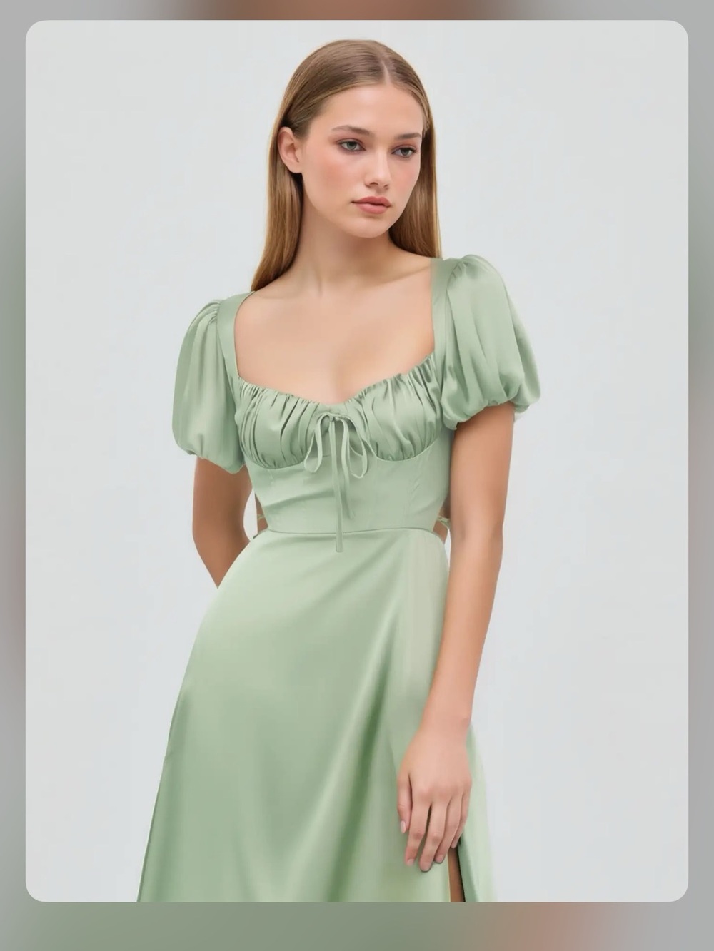 SATIN KNOTTED PUFF SLEEVE SPLIT MIDI DRESS - Picture 12 of 12